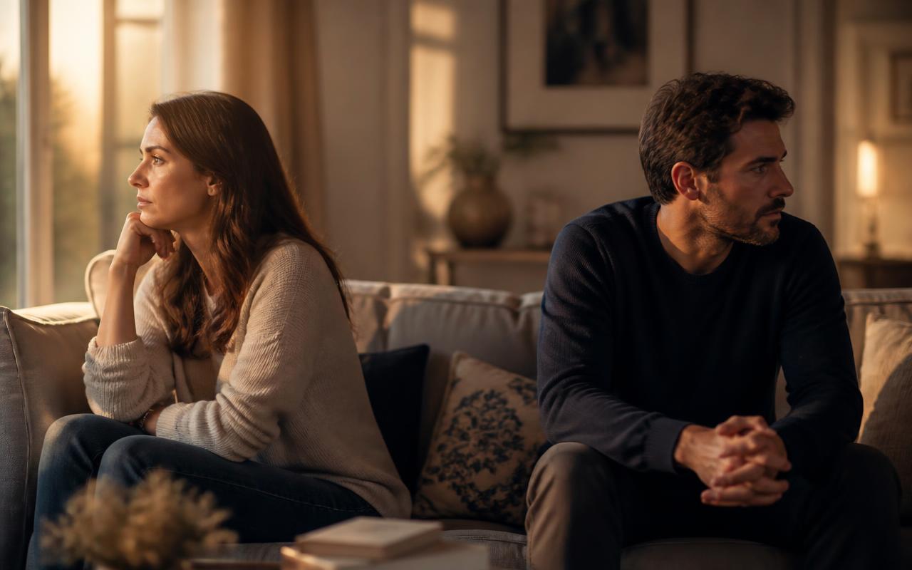 A married couple sitting apart and feeling emotionally disconnected